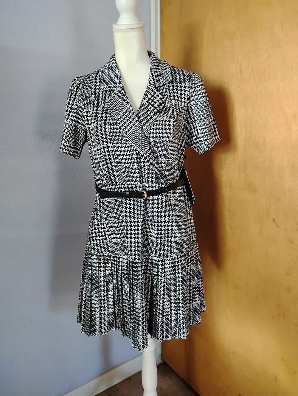 Elizabeth & Nicole Houndstooth Polo Collar Pleated Workwear Classic Dress Size L